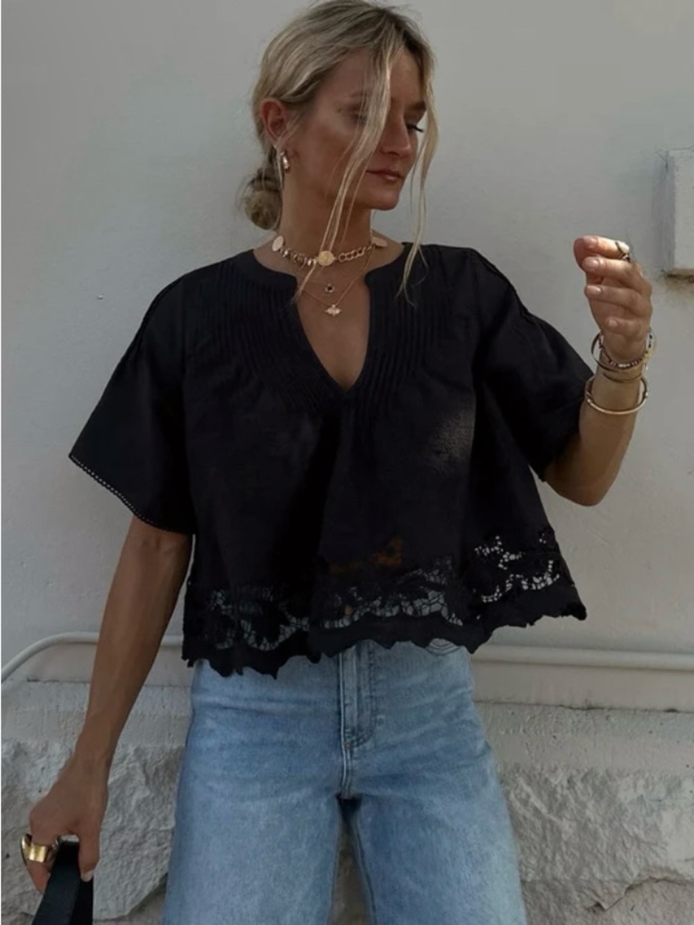 SPELL Kala Short Sleeve Blouse Black Lotus Small Embroidered Lace Boho